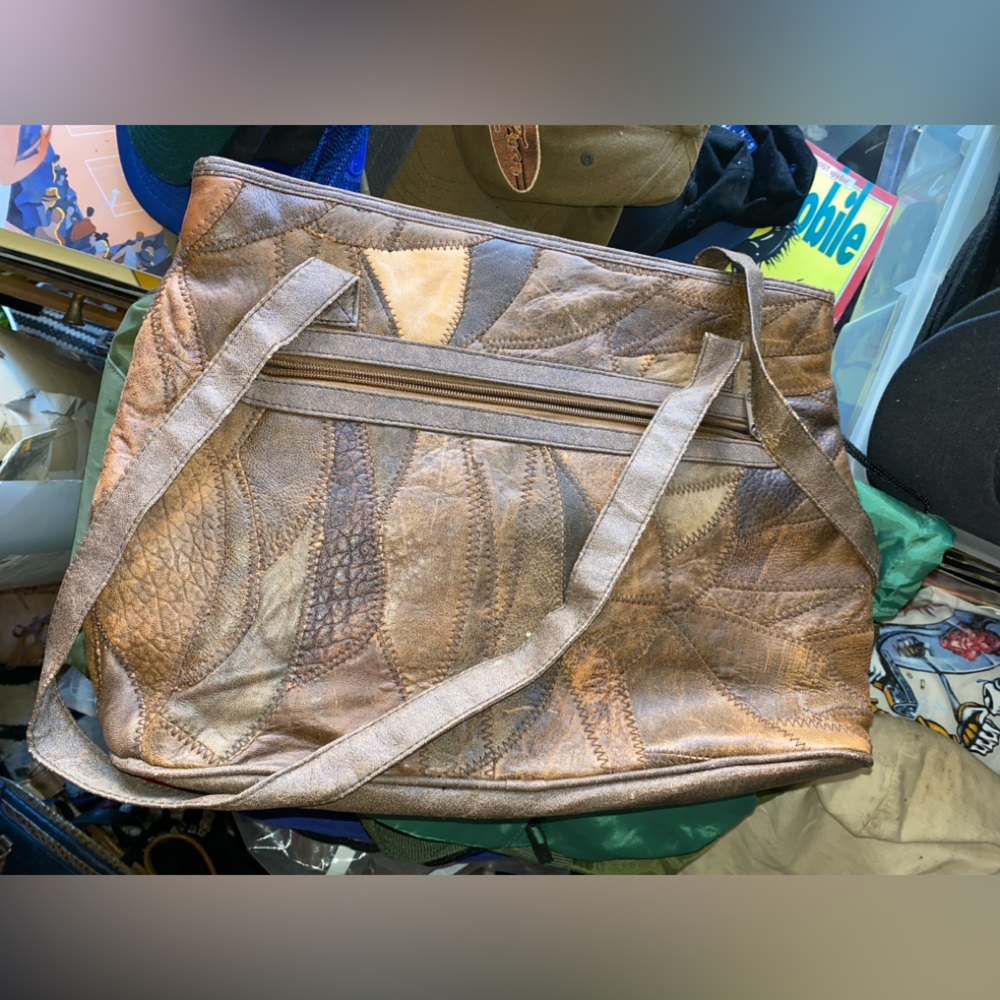 Vintage Hand Bag Brown Patchwork Pattern - image 2